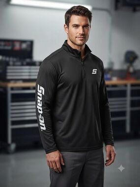 Snap Black Men's Quarter-Zip Performance Pullover with White Sleeve Logo